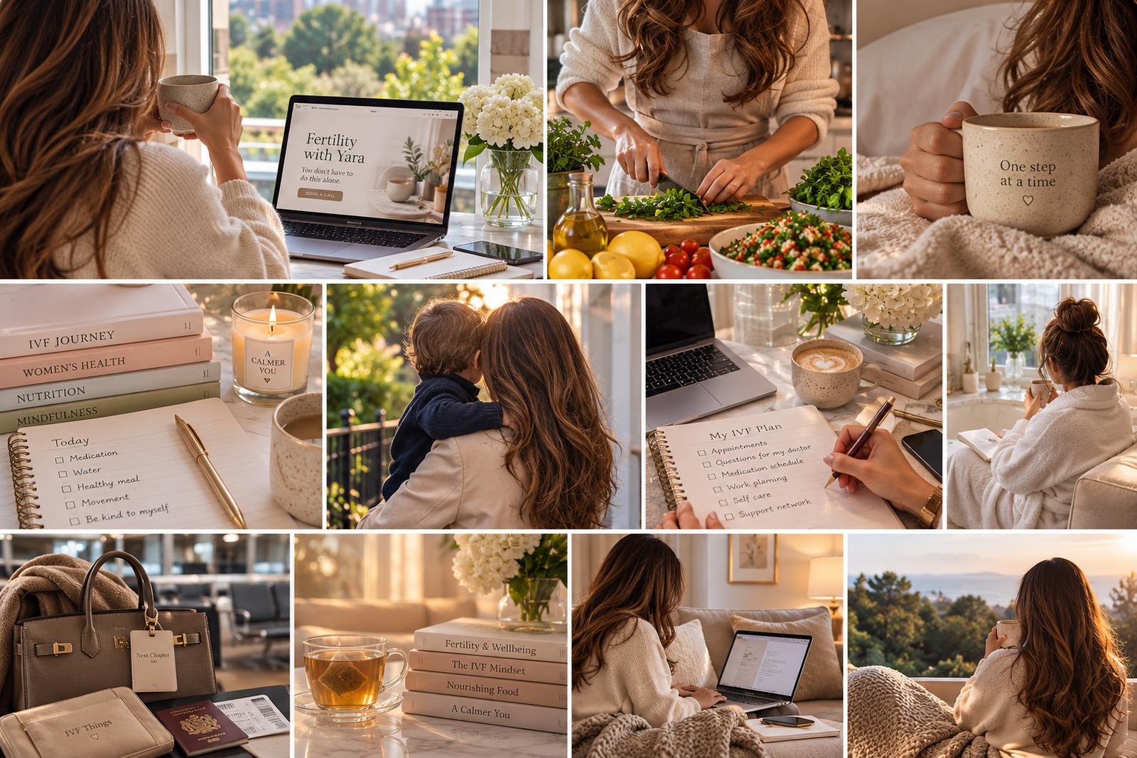 Collage of moments from Yara's life: planning IVF, cooking, time with her son and self-care